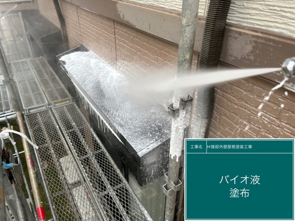 庇にバイオ液を塗布します。