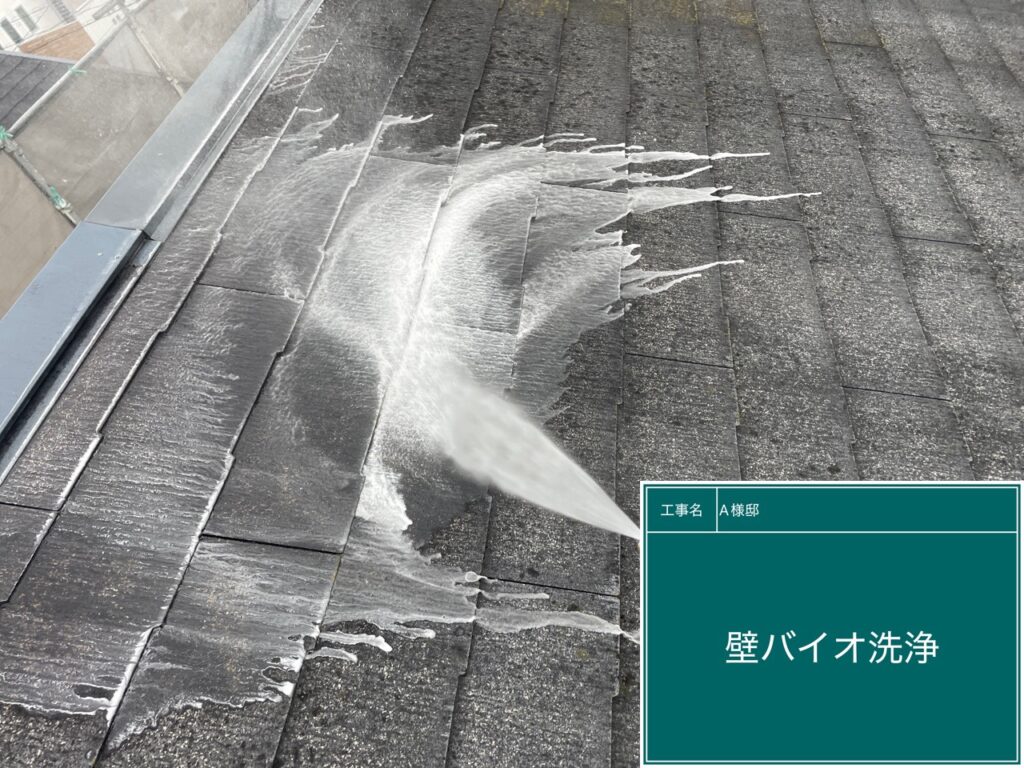 屋根にバイオ洗浄を行います。